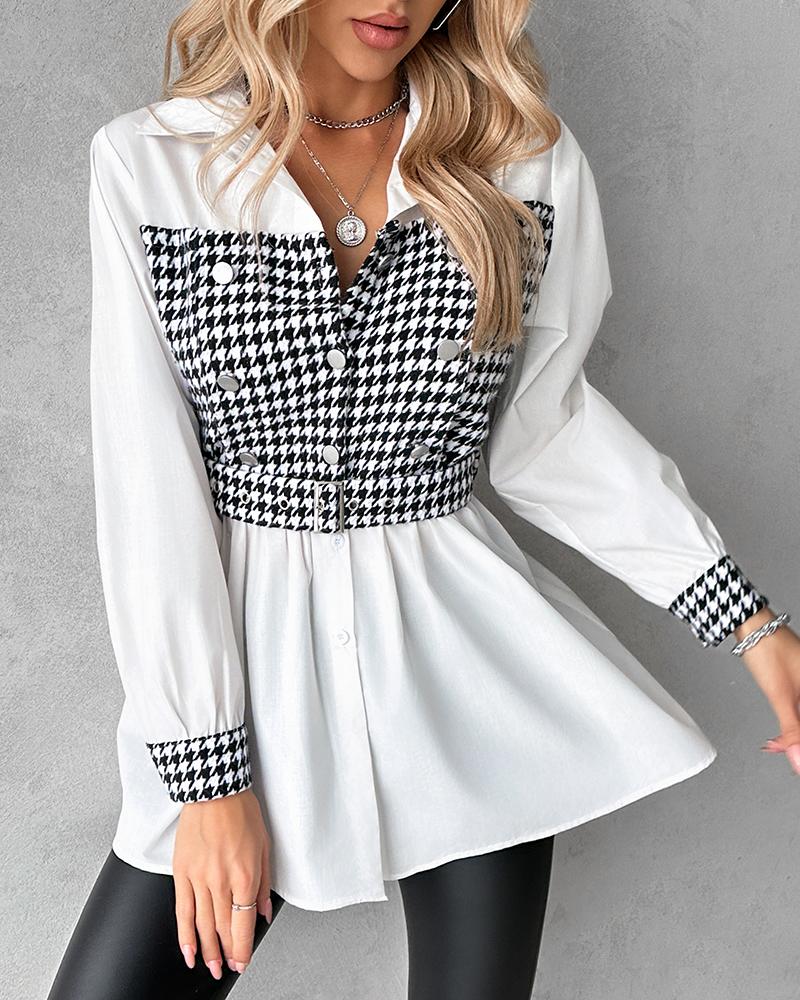 Houndstooth Print Patchwork Belted Ruched Top