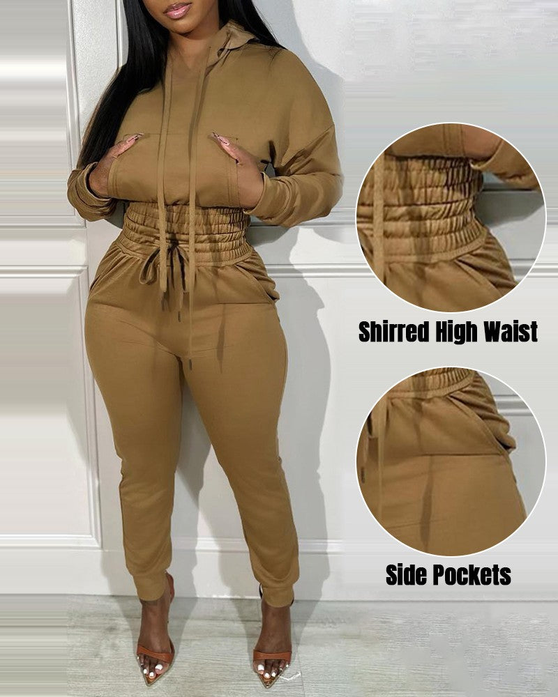 Shirred Pocket Design Crop Hoodie & High Waist Cuffed Sweatpants Set