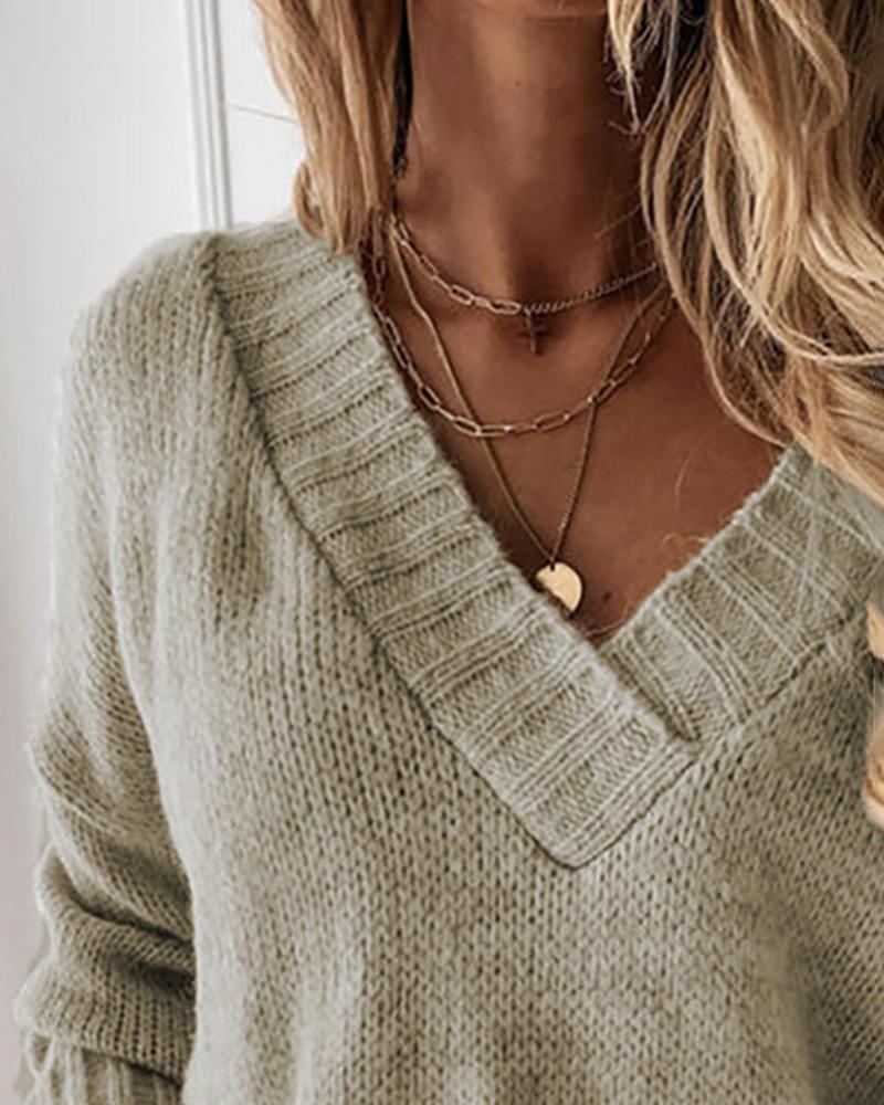 V Neck Long Sleeve Casual Knit Sweater