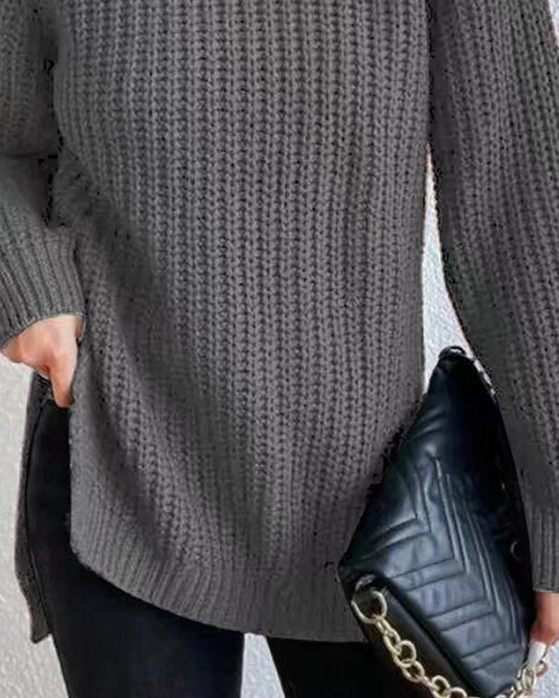 High Neck Long Sleeve Slit Sweater