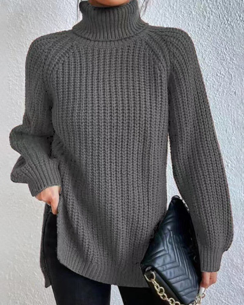 High Neck Long Sleeve Slit Sweater