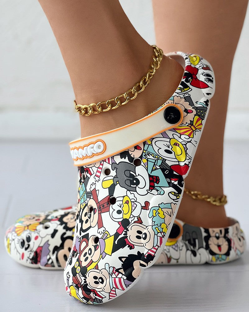 Cartoon Graphic Print Hollow Out Beach Clog Slippers