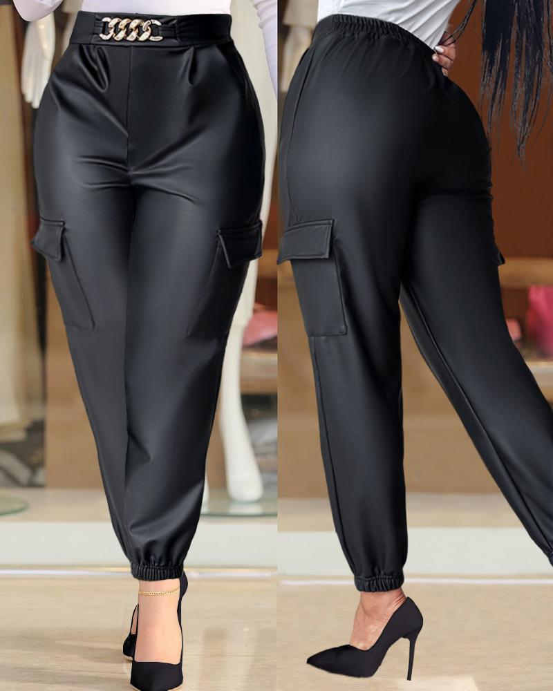 PU Leather High Waist Cargo Pants with Flap Pocket Chain Decor Cuffed Jogger Pants