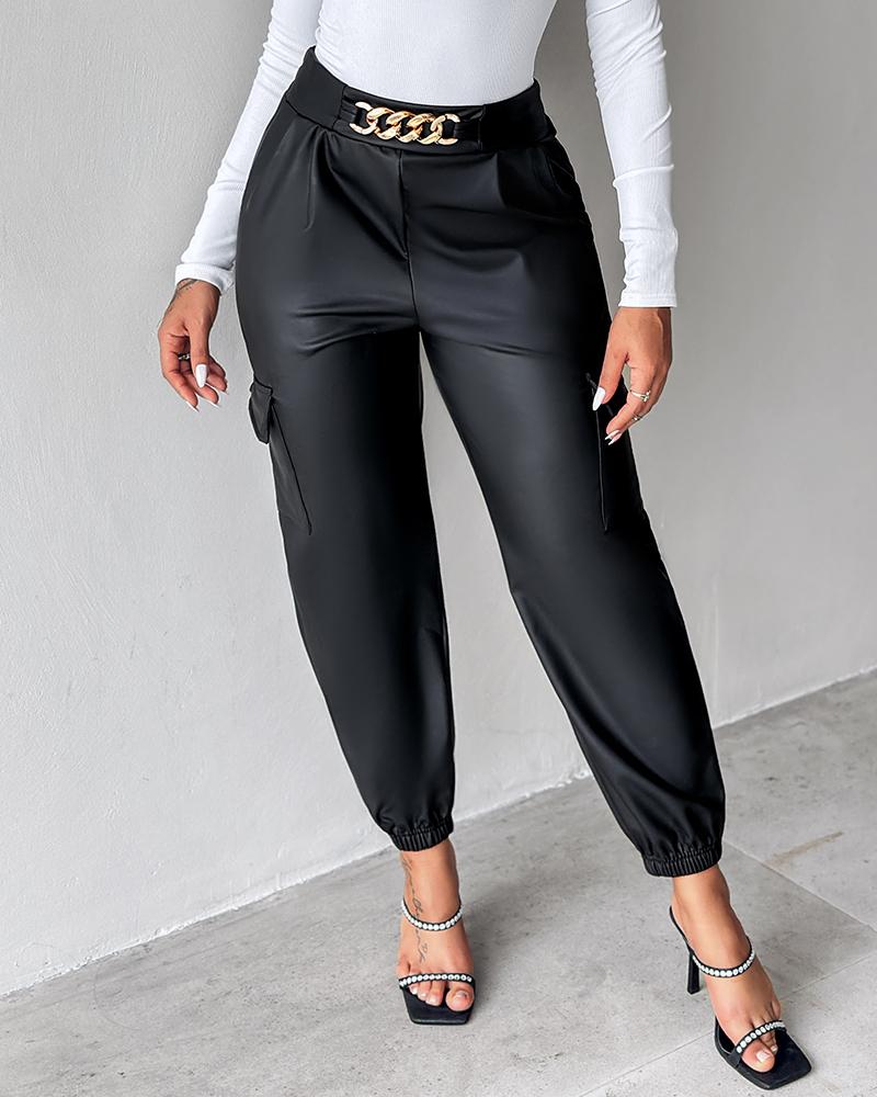 PU Leather High Waist Cargo Pants with Flap Pocket Chain Decor Cuffed Jogger Pants