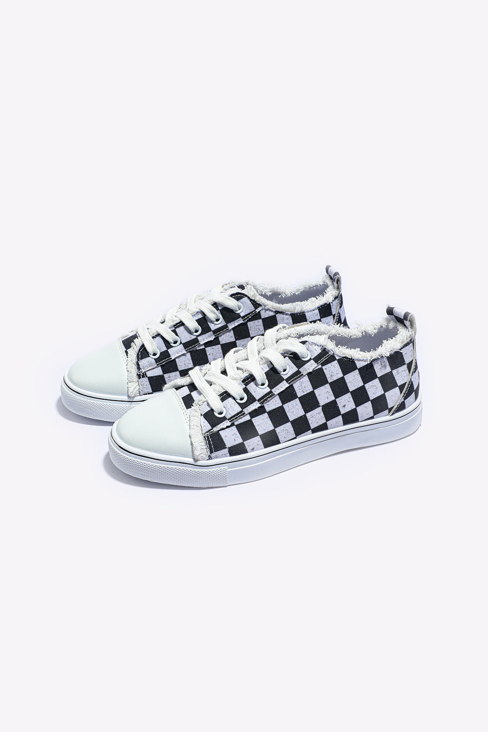 Black Checkered Print Raw Edge Lace-up Canvas Shoes