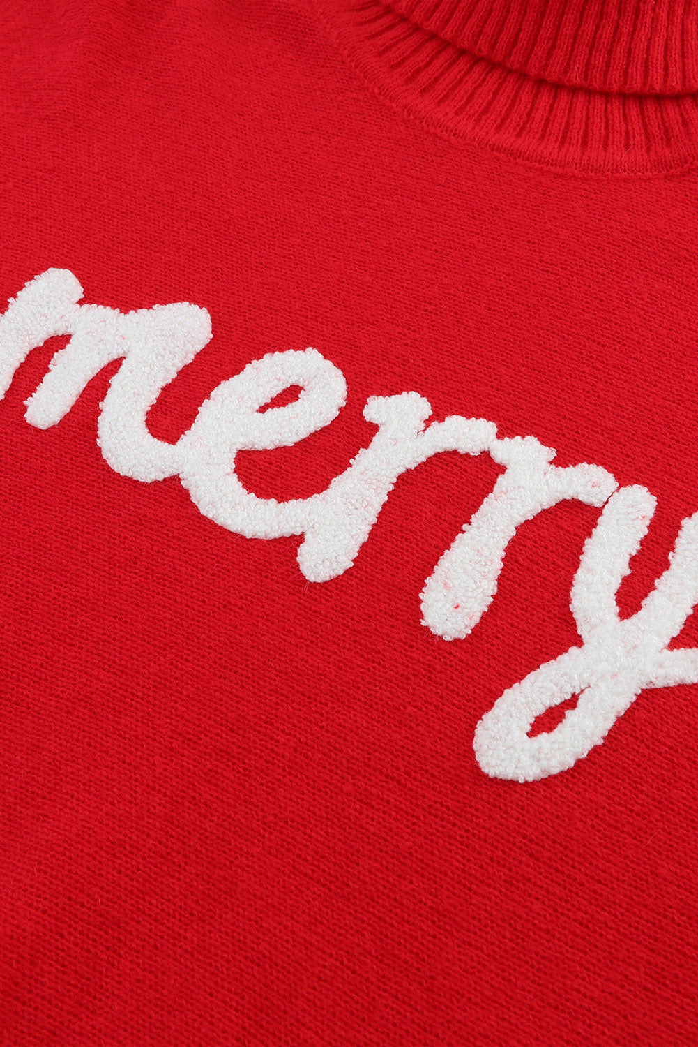 Fiery Red Merry Letter Embroidered High Neck Sweater