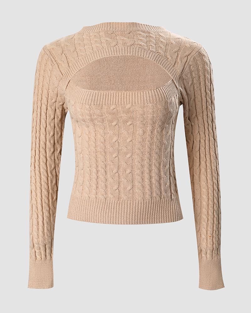 Cutout Front Long Sleeve Cable Knit Sweater