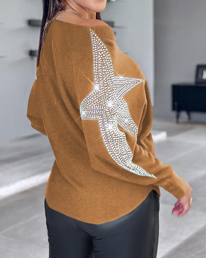 Star Pattern Batwing Sleeve Rhinestone Knit Sweater