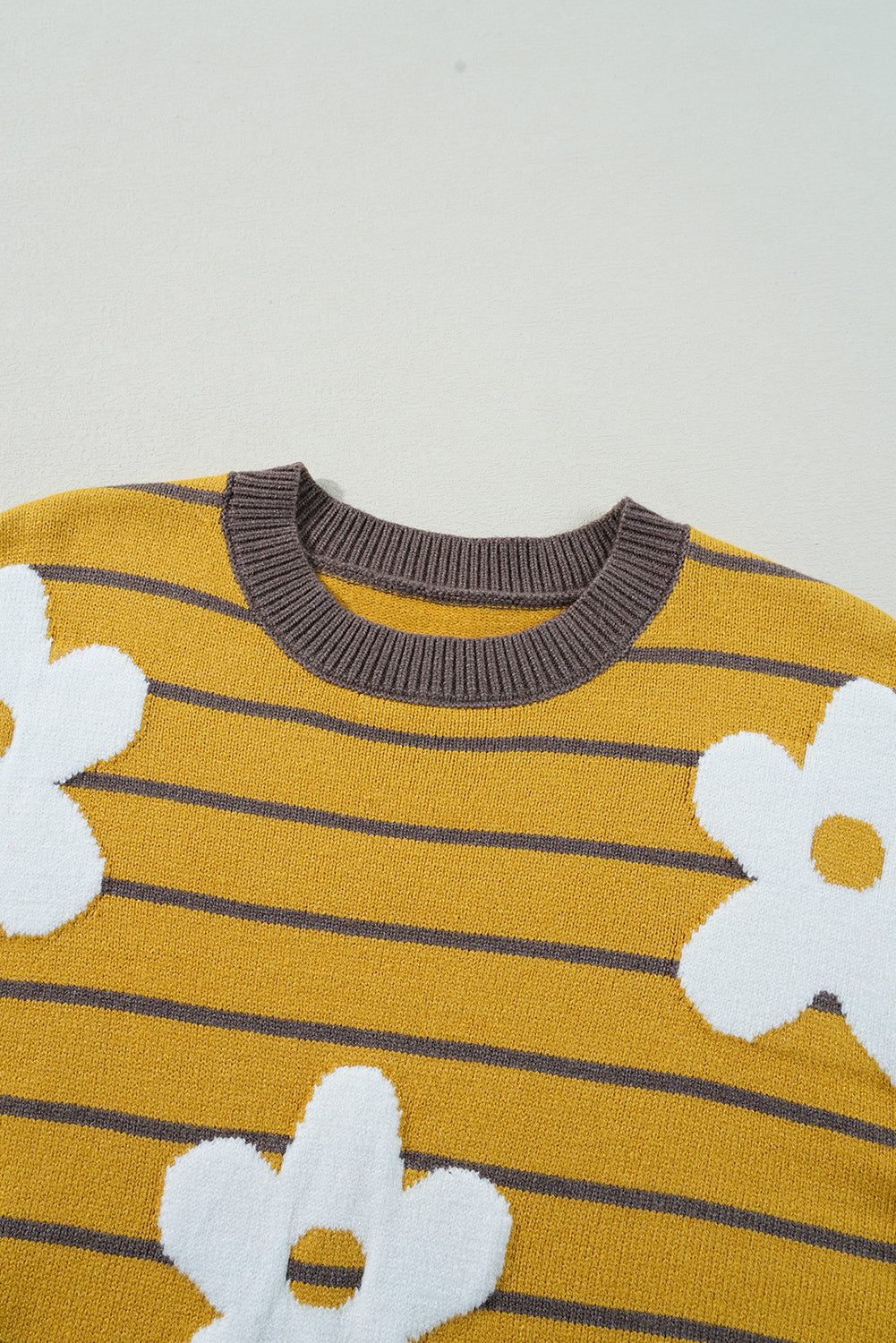 Yellow Stripe Daisy Floral Knitted Round Neck Sweater