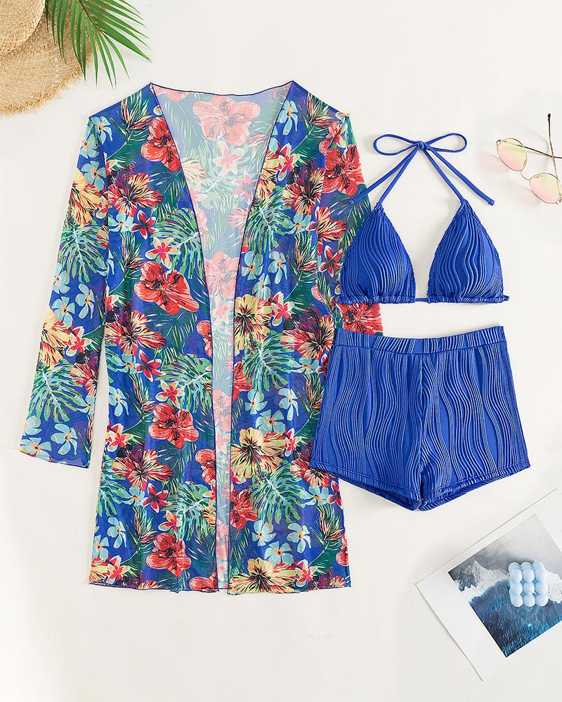 Halter Textured Bikini Top & Shorts Set With Floral Tropical Print Coat