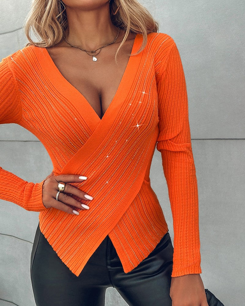 Rhinestone Decor Criss Cross Knit Sweater