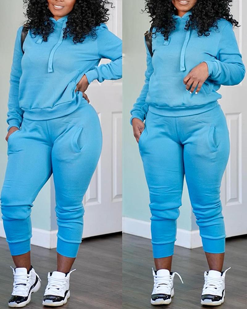 Drawstring Hooded Sweatshirt & Pocket Design Cuffed Sweatpants Set