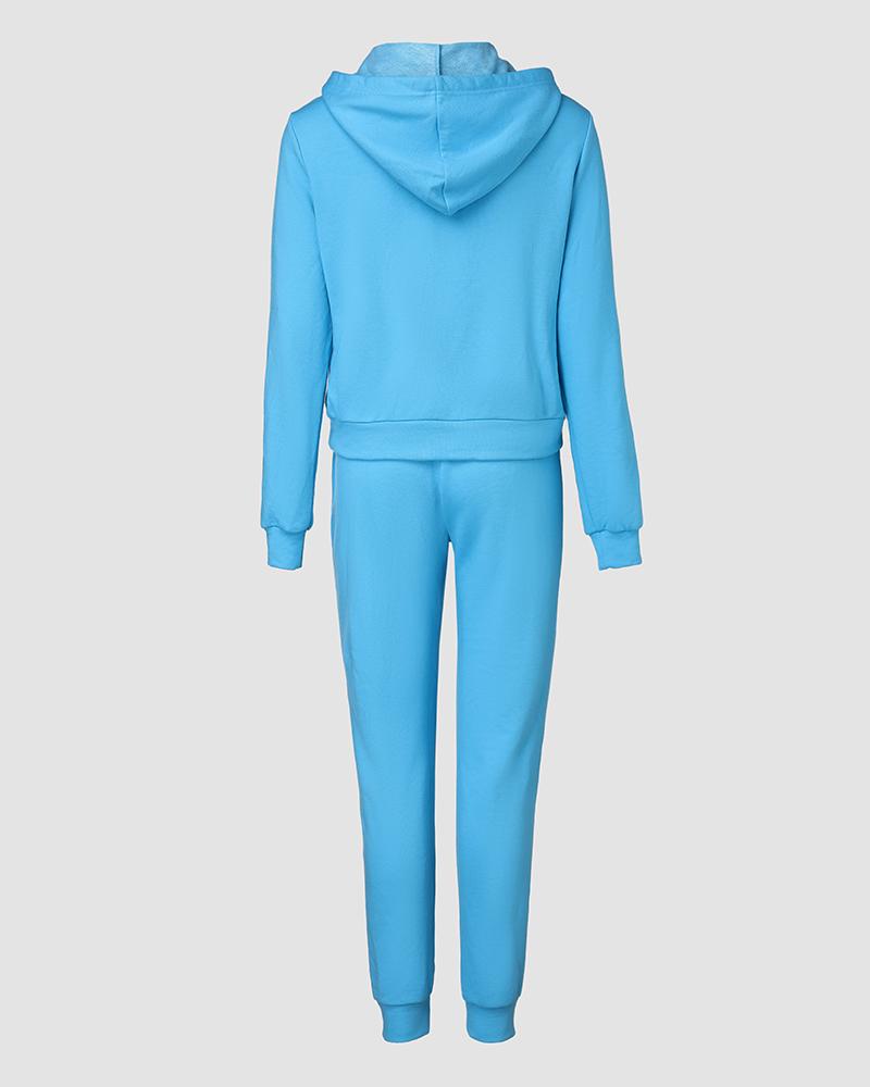 Drawstring Hooded Sweatshirt & Pocket Design Cuffed Sweatpants Set