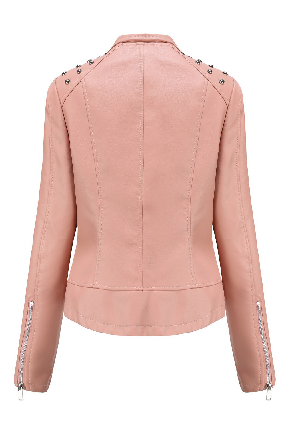 Gossamer Pink Faux Leather Studded Shoulder Asymmetric Zip Jacket