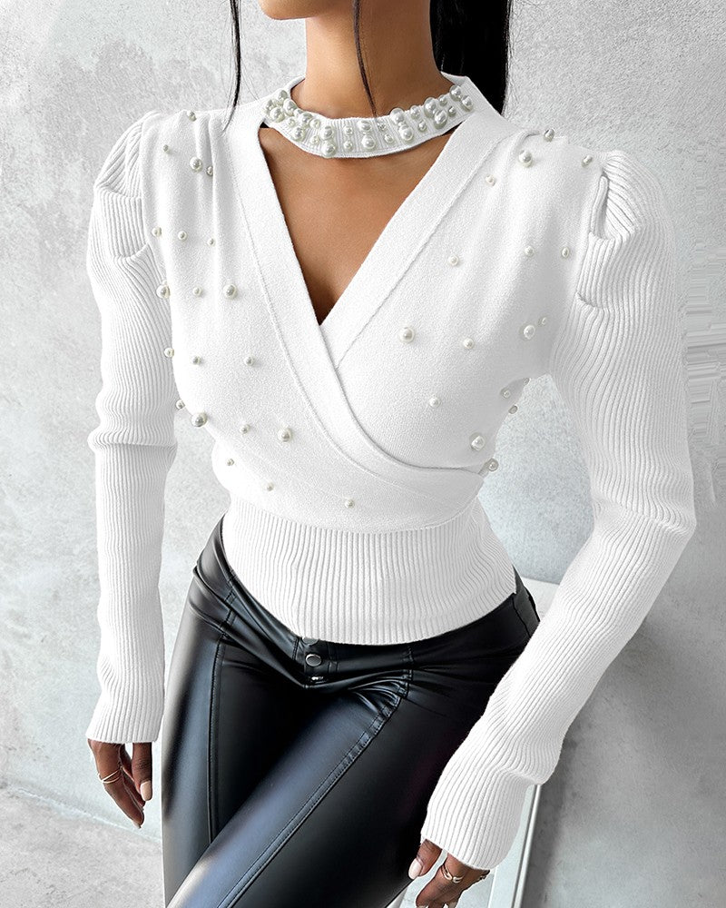 Keyhole Neck Beaded Knit Sweater