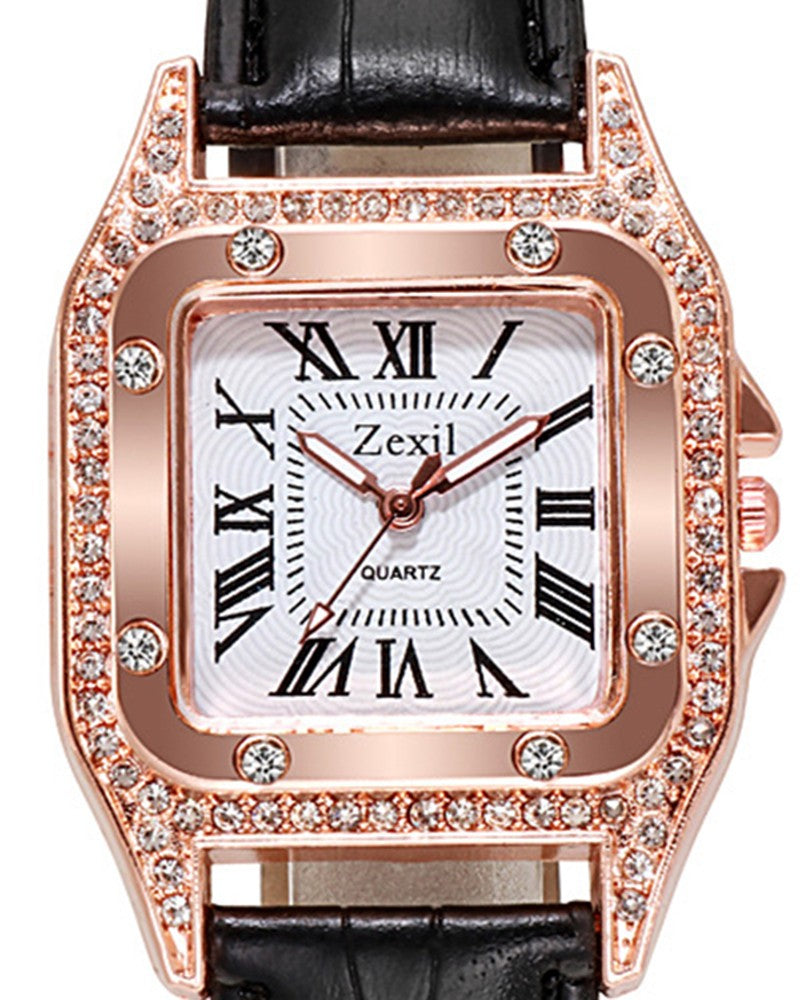 Rhinestone Decor Square Quartz Watch