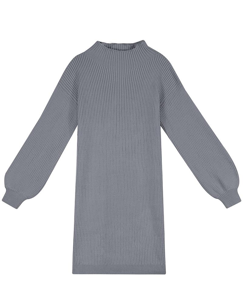 Lantern Sleeve Mock Neck Casual Knit Dress