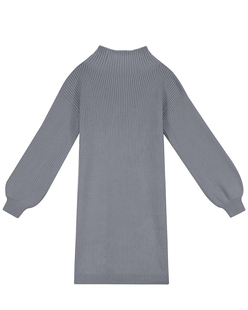 Lantern Sleeve Mock Neck Casual Knit Dress