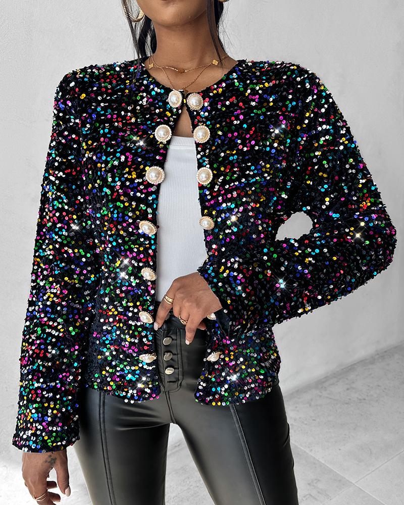 Colorful Allover Sequin Buttoned Coat