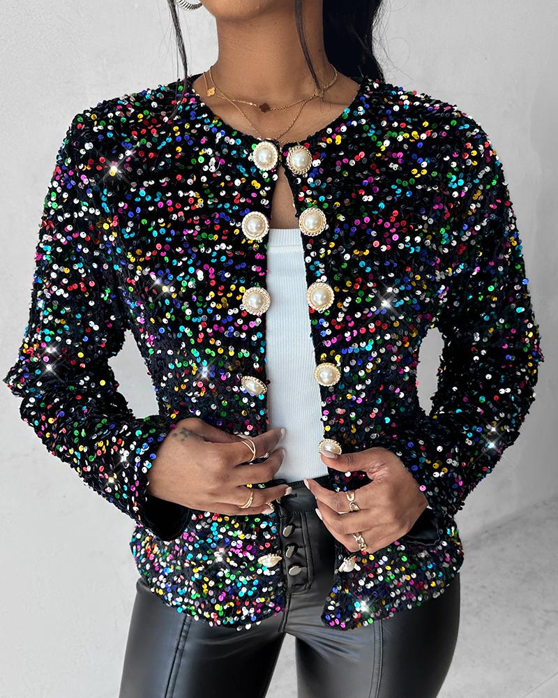 Colorful Allover Sequin Buttoned Coat