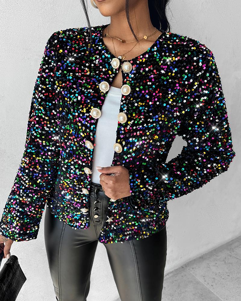 Colorful Allover Sequin Buttoned Coat