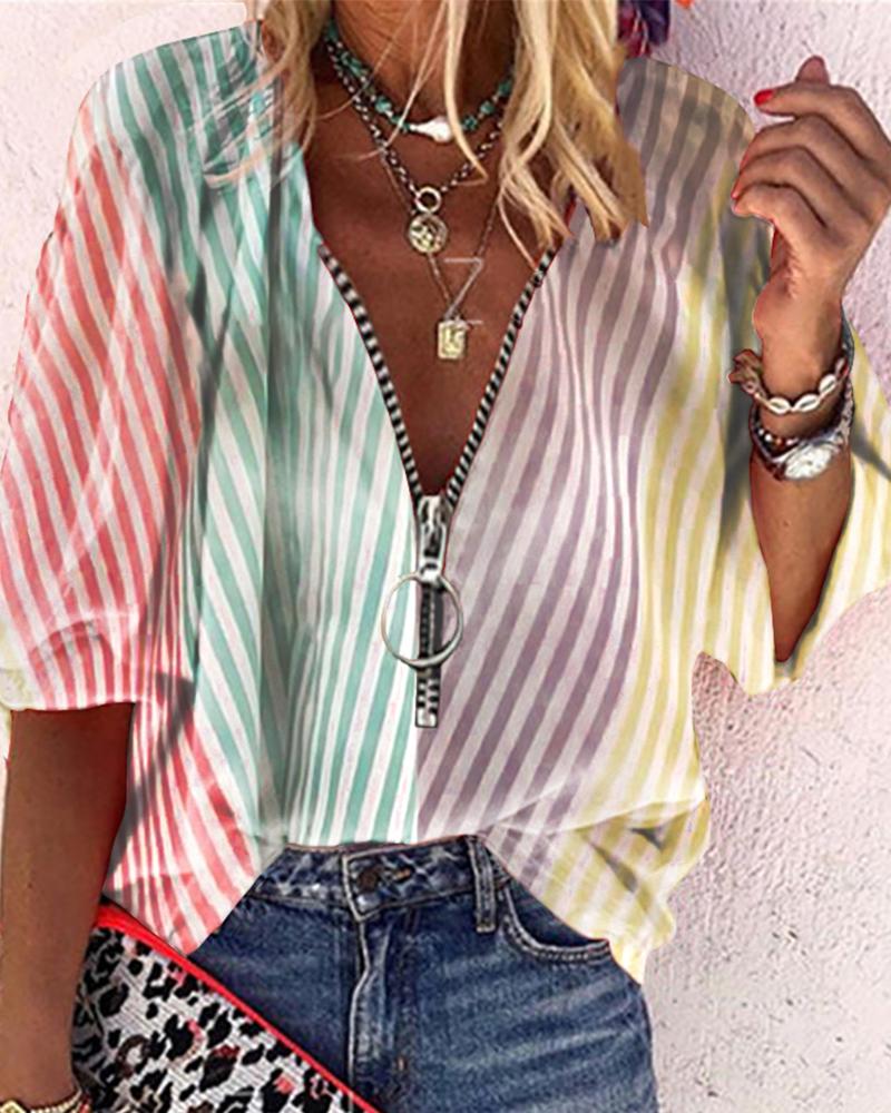 Multicolor Striped Splicing Zipper Half Sleeve Blouse