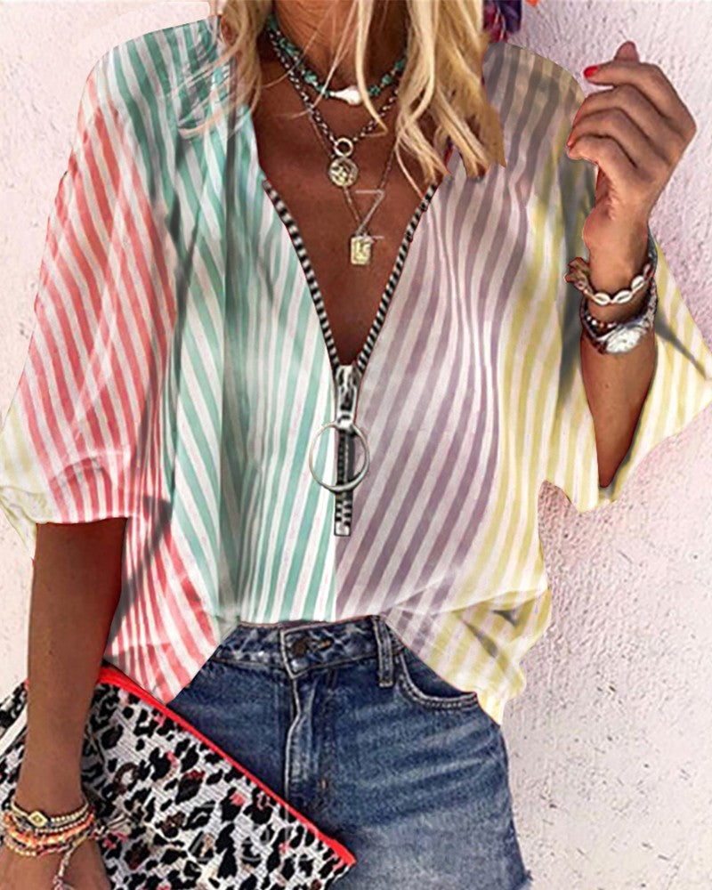 Multicolor Striped Splicing Zipper Half Sleeve Blouse