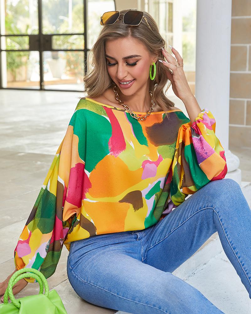 Off Shoulder Allover Print Lantern Sleeve Top