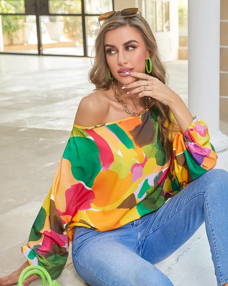 Off Shoulder Allover Print Lantern Sleeve Top