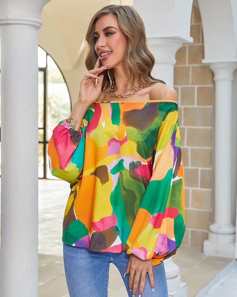 Off Shoulder Allover Print Lantern Sleeve Top