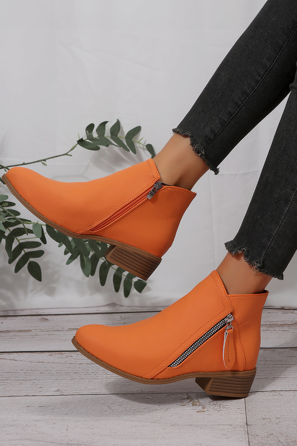 Orange Faux Leather Double Zip Low Heel Ankle Boots