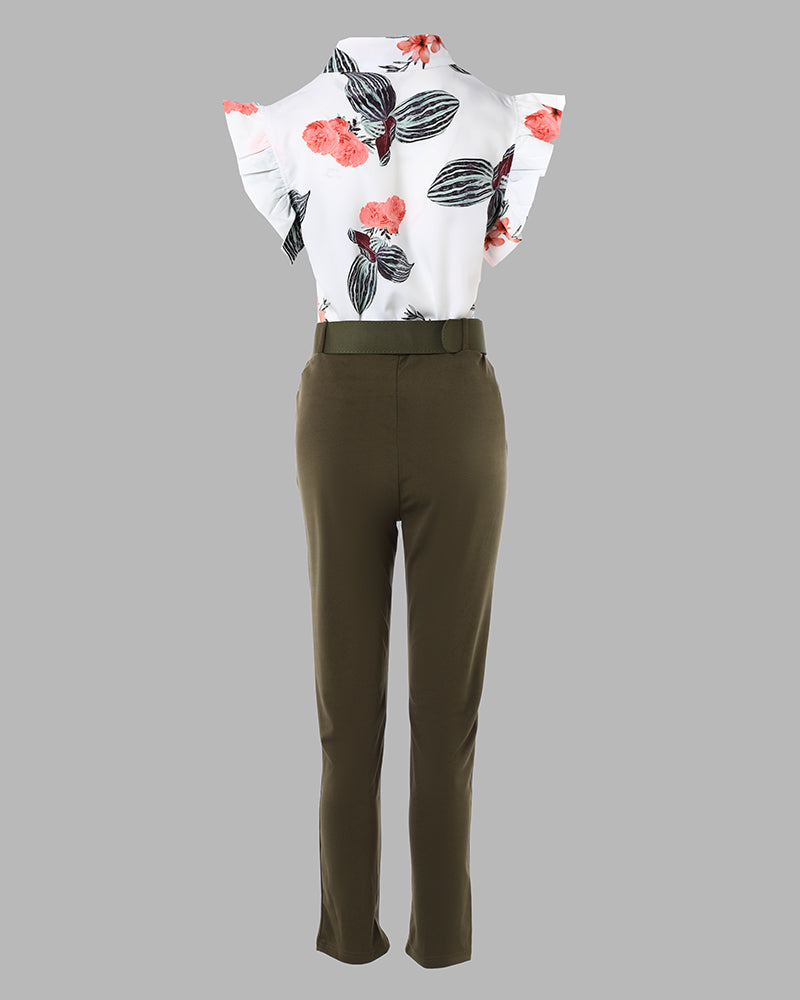 Tropical Print Flutter Sleeve Top & Pants Set With Belt