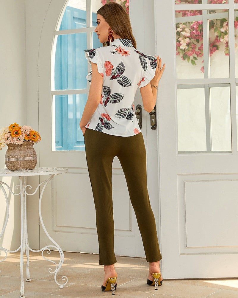 Tropical Print Flutter Sleeve Top & Pants Set With Belt