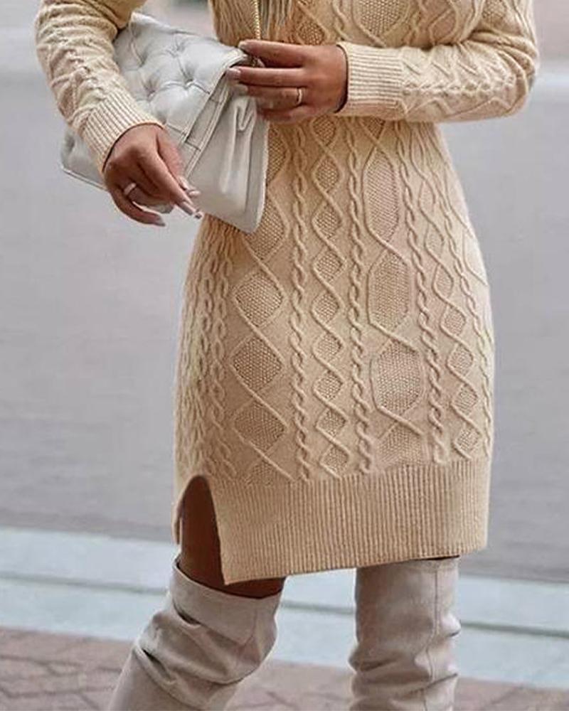 Long Sleeve Turtleneck Cable Knit Sweater Dress