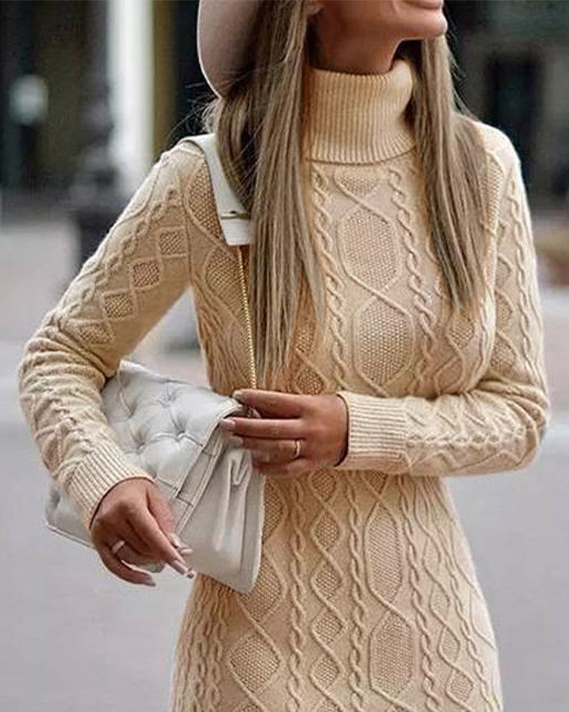 Long Sleeve Turtleneck Cable Knit Sweater Dress