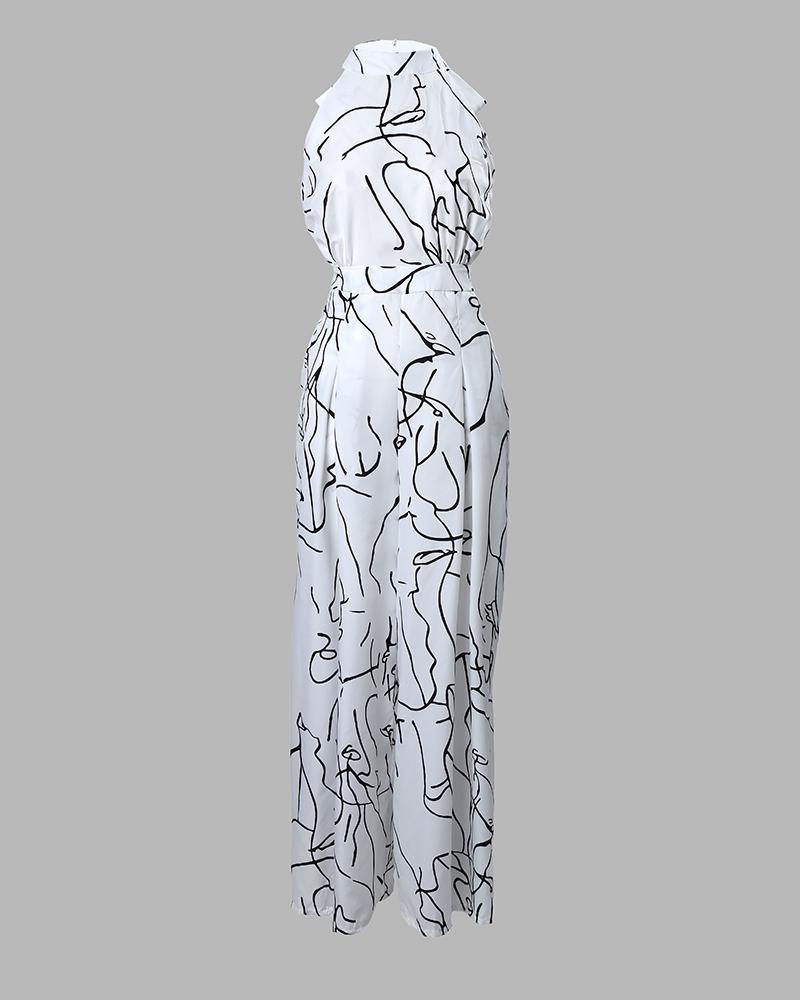 Abstract Figure Print Wide Leg Jumpsuit