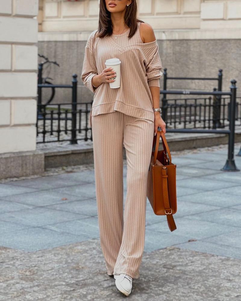 Slit Long Sleeve Top & Pants Set With Tank Top