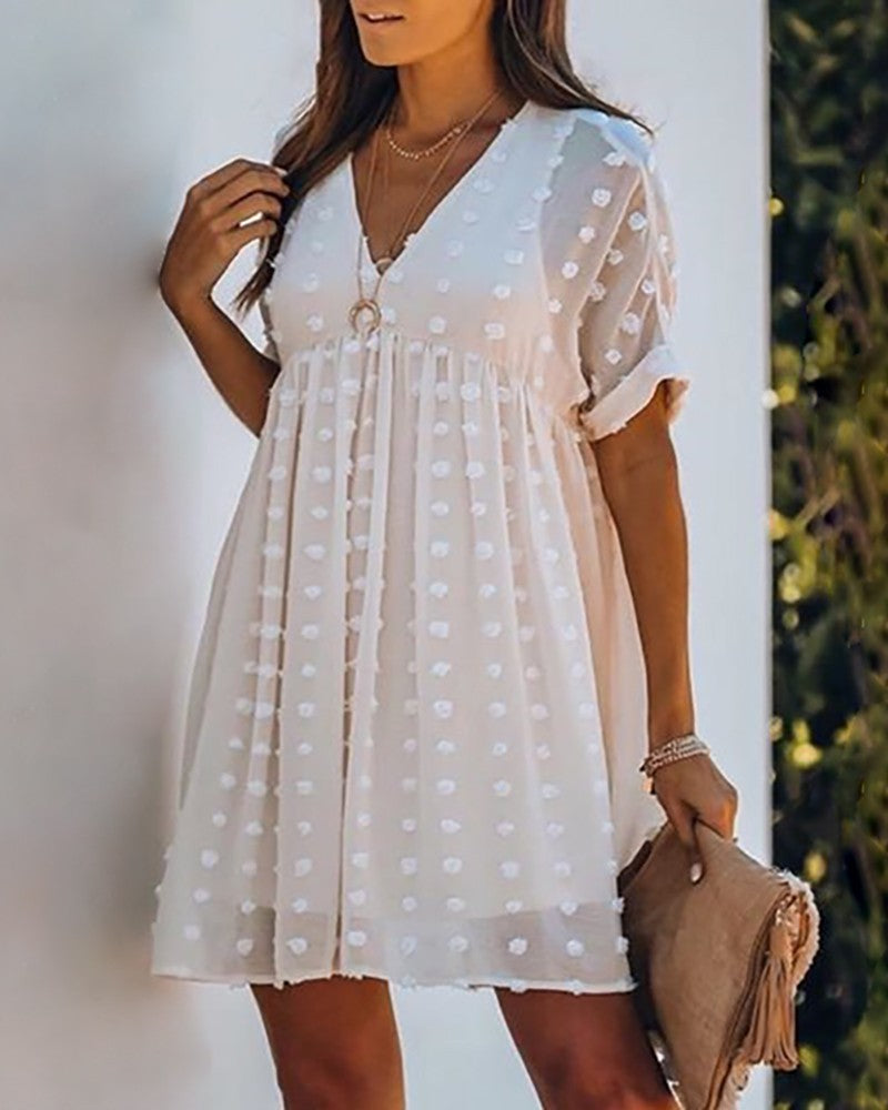 Swiss Dot Mesh V neck Casual Dress