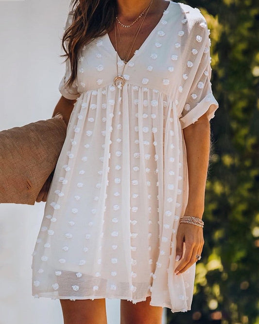 Swiss Dot Mesh V neck Casual Dress