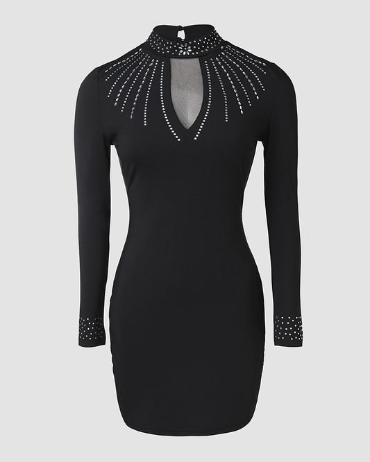 Mock Neck Sheer Mesh Patchwork Rhinestone Decor Bodycon Dress