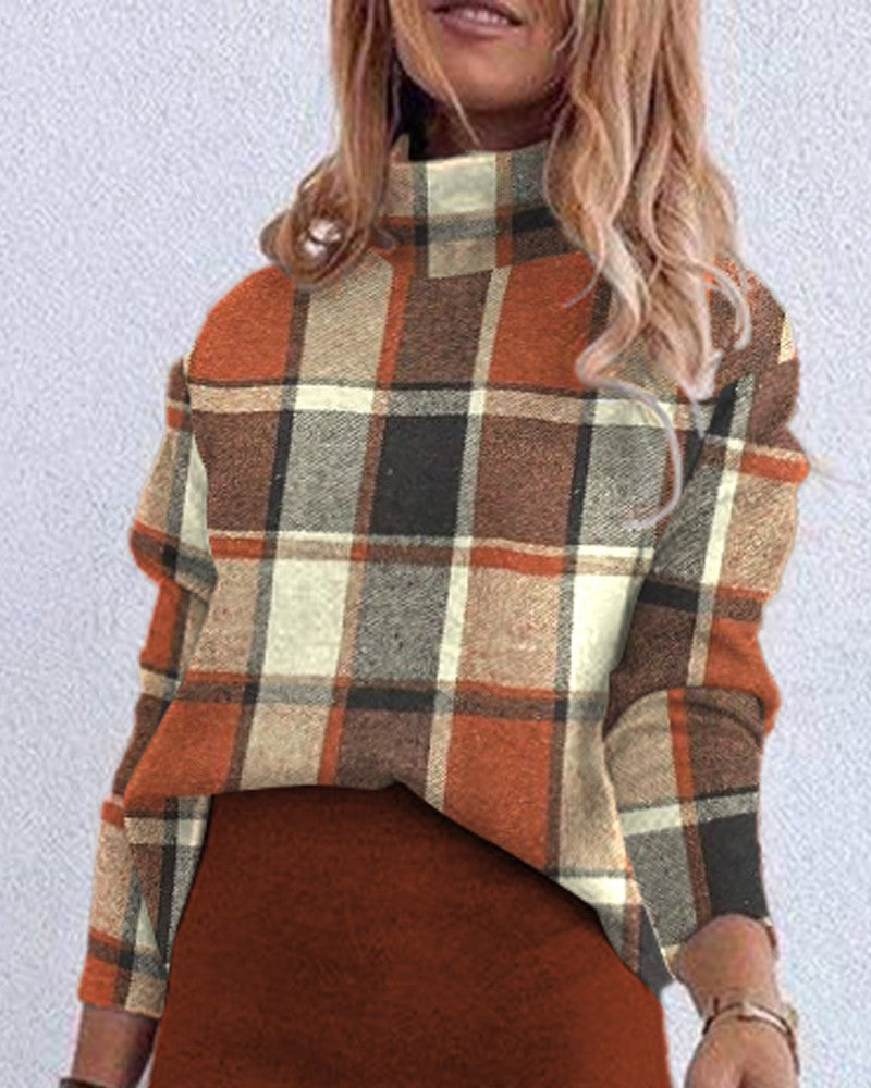 Plaid Pattern Mock Neck Top & Skirt Set