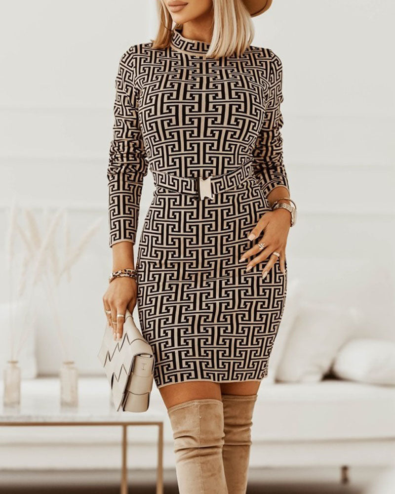 Geo Print Long Sleeve Belted Work Dress