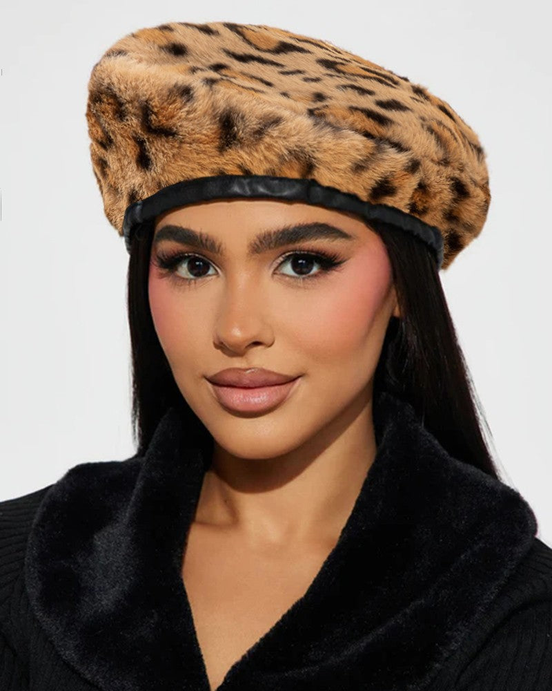 Leopard Fuzzy Winter Beret Cap