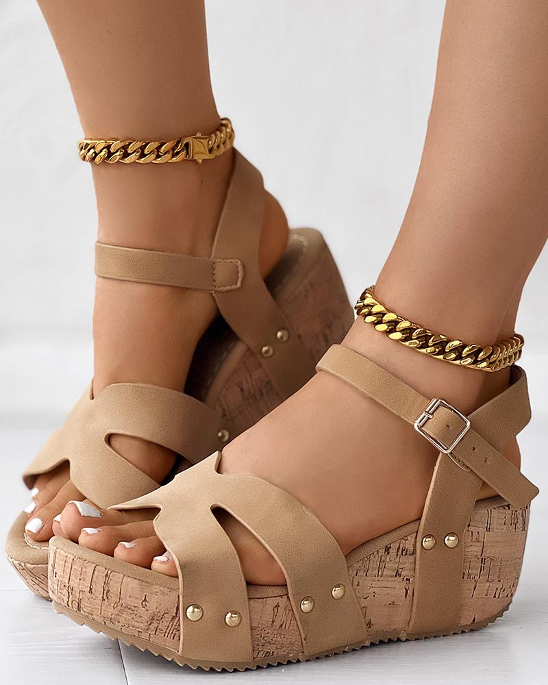 Studded Ankle Strap Platform Beach Wedge Sandals