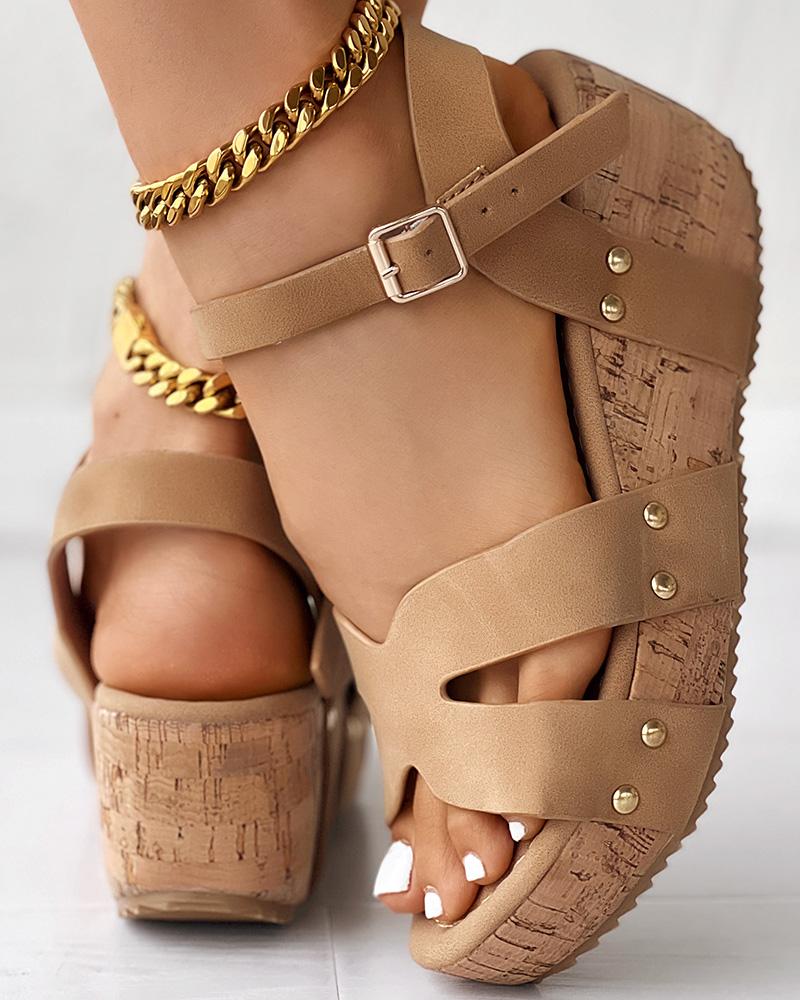 Studded Ankle Strap Platform Beach Wedge Sandals