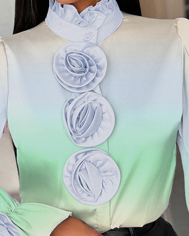 Ombre Rose Detail Frill Hem Stand Collar Top