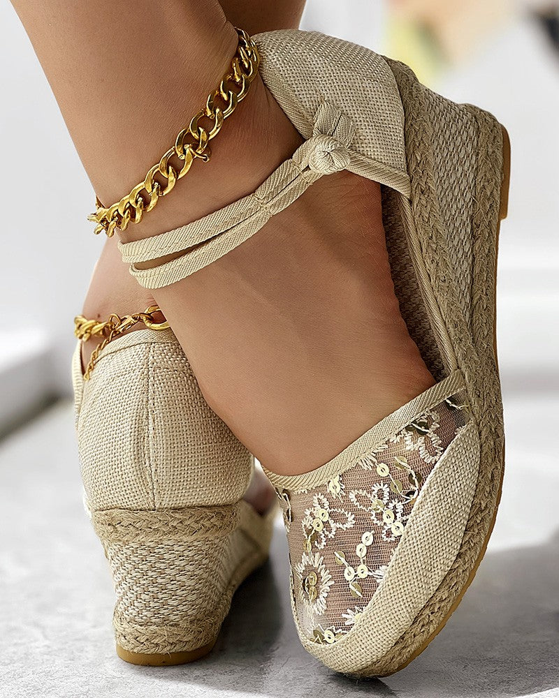 Embroidery Braided Espadrille Ankle Strap Wedge Sandals