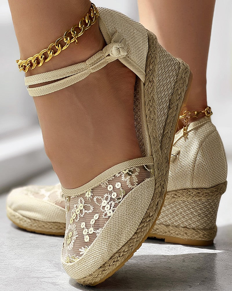 Embroidery Braided Espadrille Ankle Strap Wedge Sandals