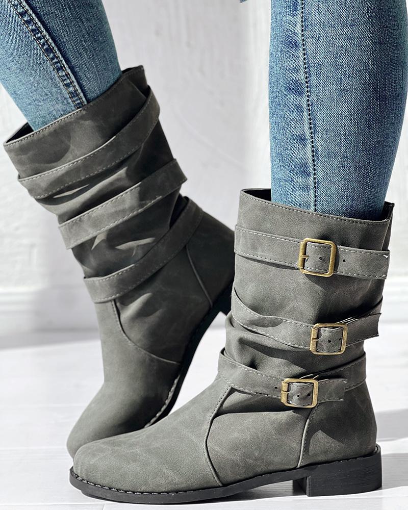 Buckled Vintage Chunky Heel Ankle Boots