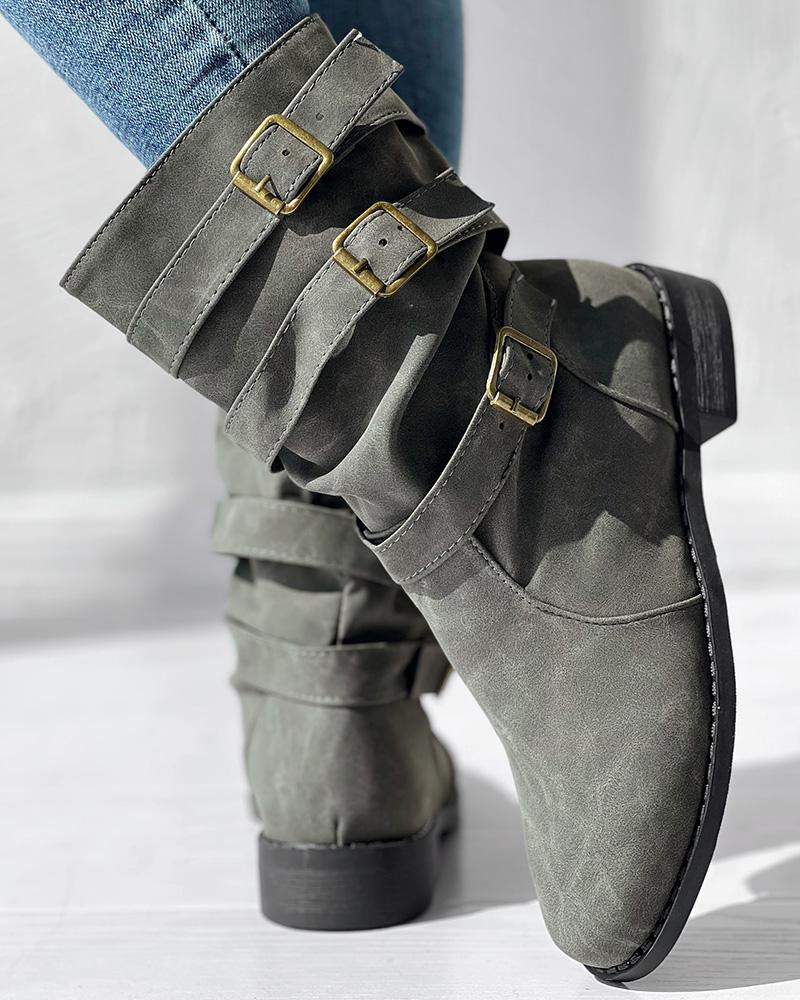 Buckled Vintage Chunky Heel Ankle Boots